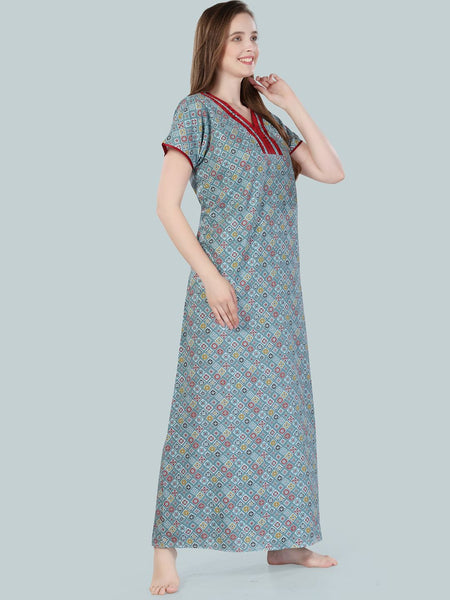 Be You Women Blue Printed Maxi Nightdress