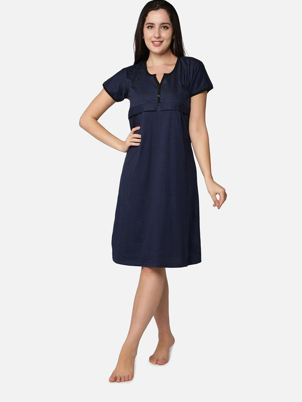 Be You Navy Blue Cotton Blend Nightdress