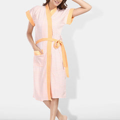 Be You Peach Striped Cotton Drawstring Knee Length Bath Robe-2XL