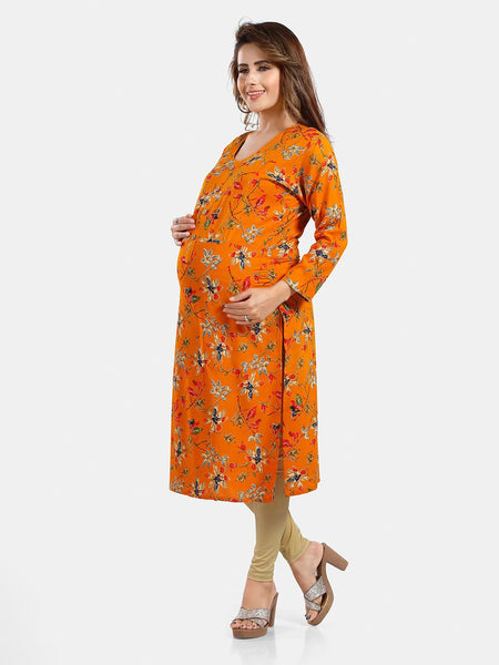 Be You Floral Printed Round Neck Maternity Straight Kurta
