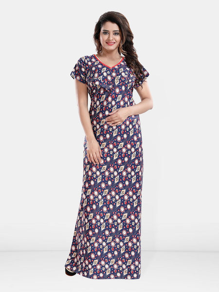 Be You Geometric Printed Satin Maternity Feeding Maxi Nightdress