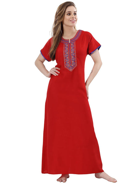 Be You Red Embroidered Maxi Nightdress
