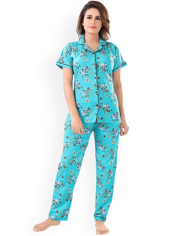 Be You Women Turquoise Blue & Green Printed Pajama & Shorts with Shirt Night Suits