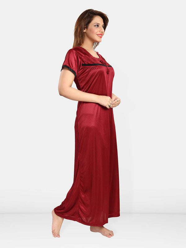 Be You Self Design Square Neck Satin Maxi Nightdress