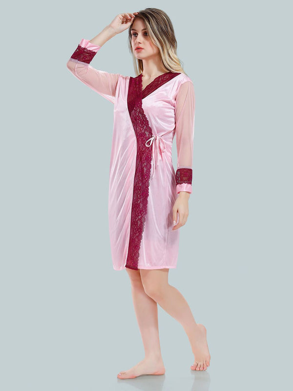 Be You Solid Lace Details Satin Nighty with Robe
