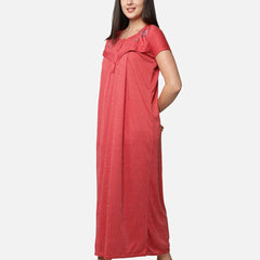Be You Women Red Embroidered Maxi Maternity Nightdress