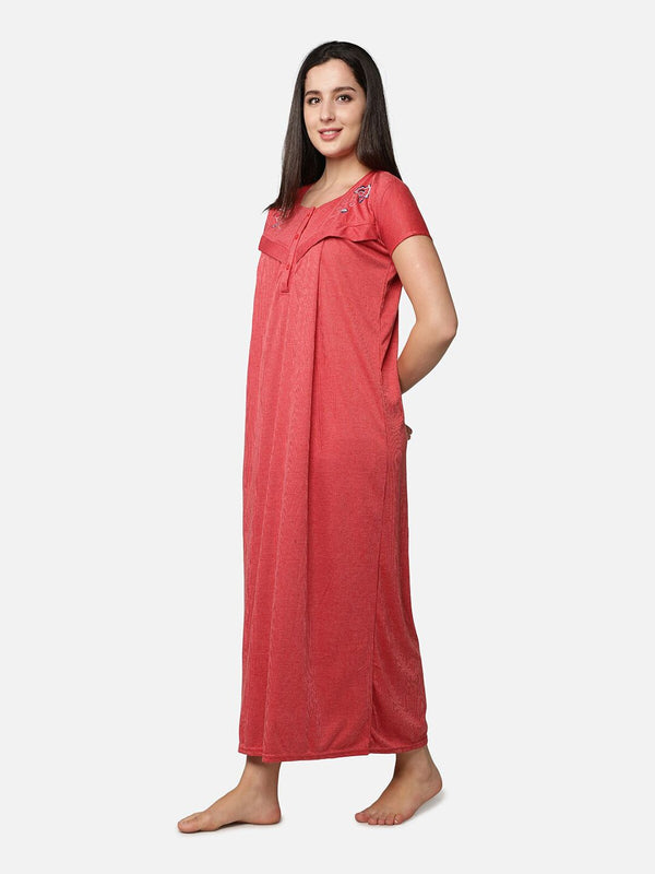 Be You Women Red Embroidered Maxi Maternity Nightdress