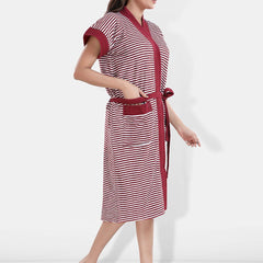 Be You Maroon Striped Cotton Drawstring Knee Length Bath Robe-2XL