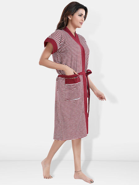 Be You Maroon Striped Cotton Drawstring Knee Length Bath Robe-2XL