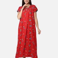 Be You Women Red & White Printed Maxi Maternity Nightdress