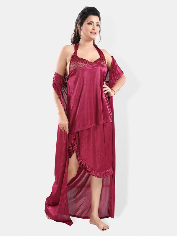 Be You V-Neck Satin Lace Night Suit With Robe