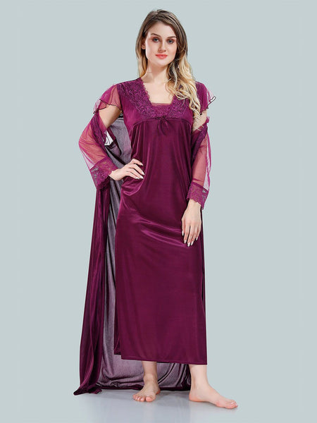 Be You Square Neck Lace Up Details Satin Maxi Nightdress With Robe