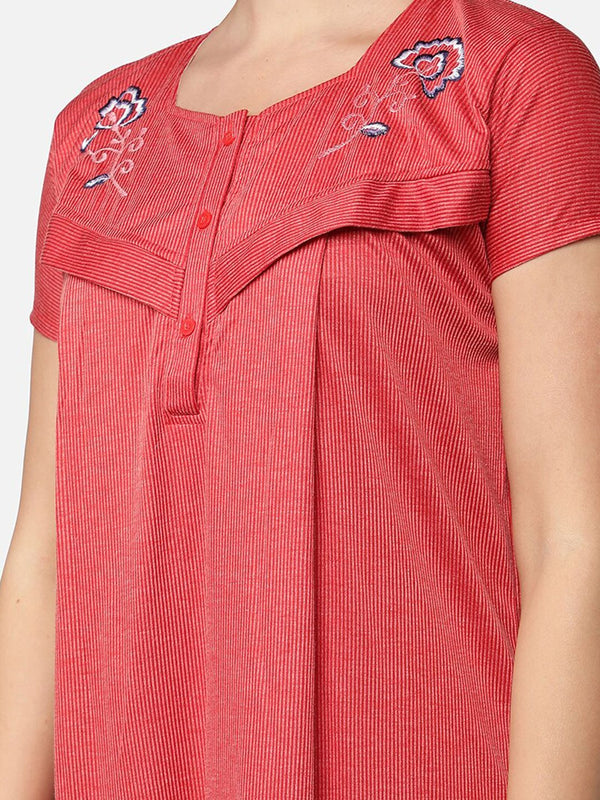 Be You Women Red Embroidered Maxi Maternity Nightdress