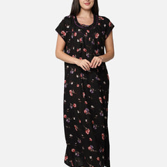 Be You Black Floral Printed Maxi Nightdress