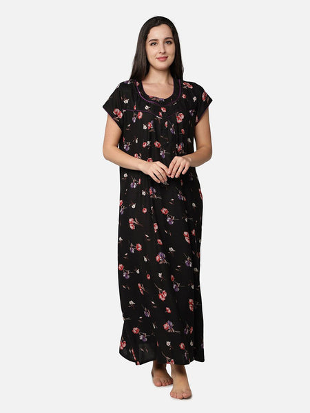 Be You Black Floral Printed Maxi Nightdress