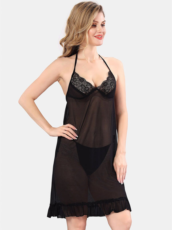 Be You Halter Neck Net Baby Doll With Briefs