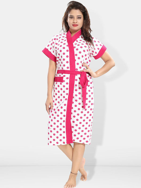 Be You Women Polka Dots Printed Terry Cotton Bath Robe With Belt