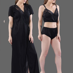Be You  Women Black Solid Satin 3 Piece Nightwear Set