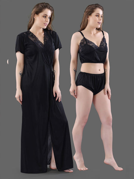 Be You  Women Black Solid Satin 3 Piece Nightwear Set