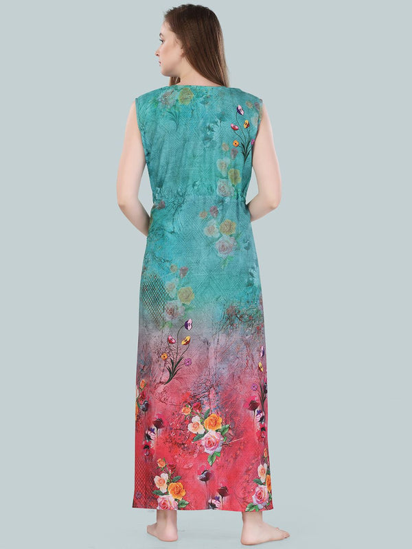 Be You Women Turquoise Blue Printed Maxi Nightdress BUF-GOWN-2361