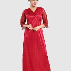 Be You Women Solid Satin Three-Quarter Sleeves Maxi Everyday Nightdress