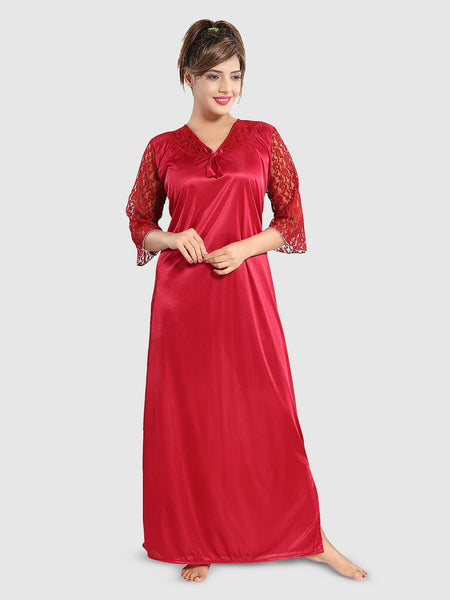 Be You Women Solid Satin Three-Quarter Sleeves Maxi Everyday Nightdress
