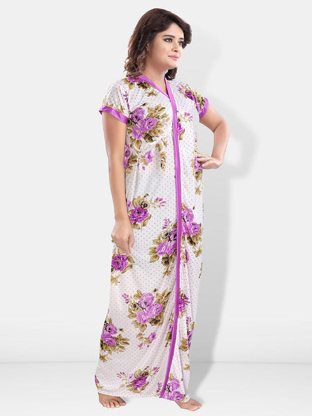 Be You Printed Round Neck Satin Maxi Nightdress With Robe