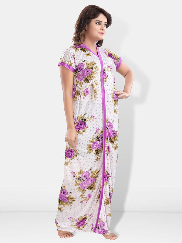 Be You Printed Round Neck Satin Maxi Nightdress With Robe