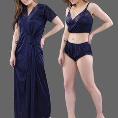 Be You Women Set Of 2 Navy Blue Maxi 1Robe with Lingerie Set Nightdress