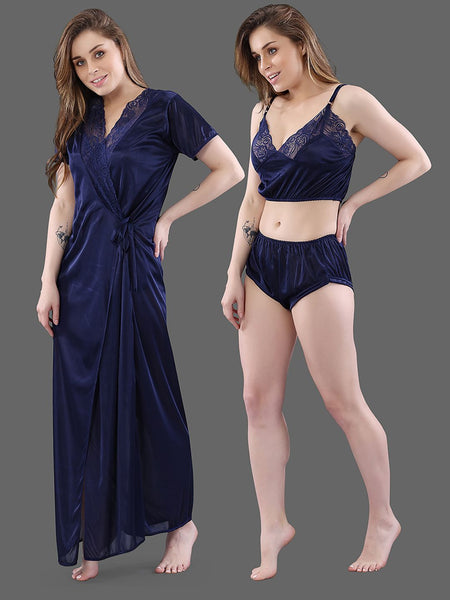 Be You Women Set Of 2 Navy Blue Maxi 1Robe with Lingerie Set Nightdress