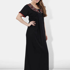 Be You Women Black Embroidered Maxi Nightdress