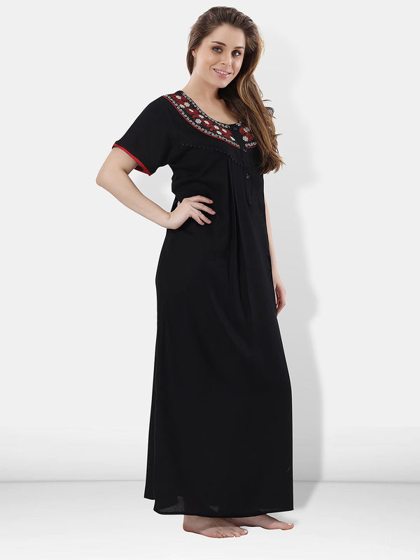 Be You Women Black Embroidered Maxi Nightdress