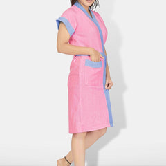 Be You Two-Tone Pink Solid Cotton Drawstring Knee Length Bath Robe-L/XL