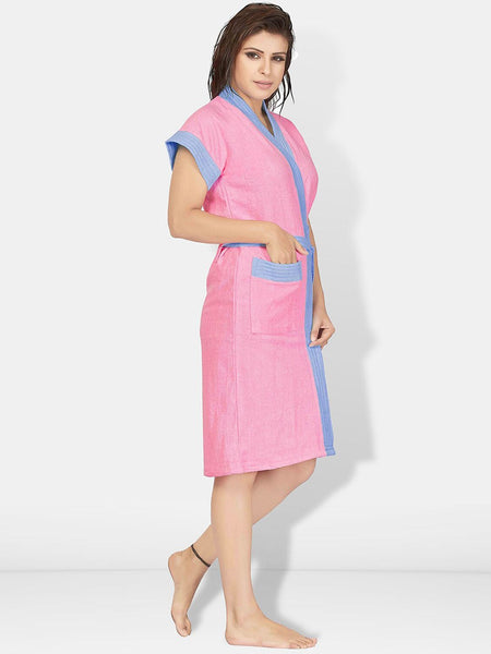 Be You Two-Tone Pink Solid Cotton Drawstring Knee Length Bath Robe-L/XL