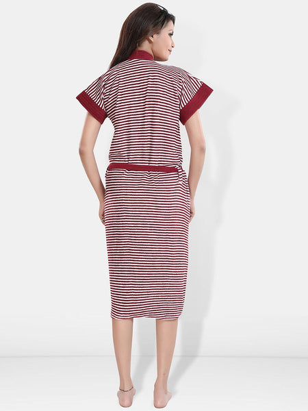 Be You Maroon Striped Cotton Drawstring Knee Length Bath Robe-2XL