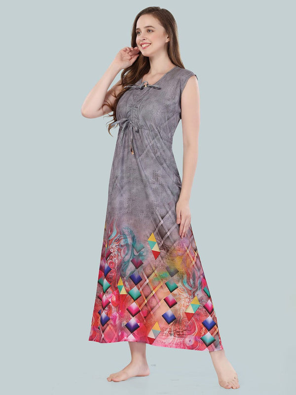 Be You Women Grey Geometric Printed Maxi Nightdress