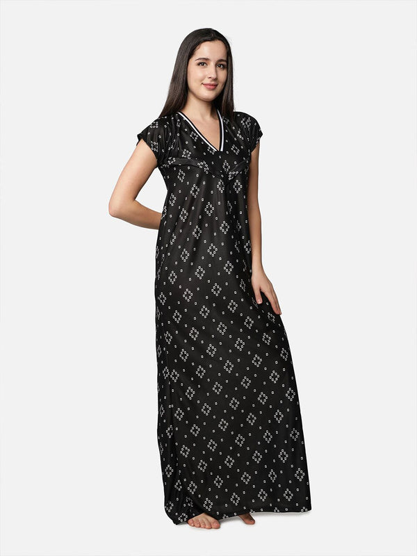 Be You Women Black Printed Maxi Maternity Nightdress