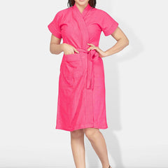 Be You Pink Solid Cotton Drawstring Knee Length Bath Robe-L/XL