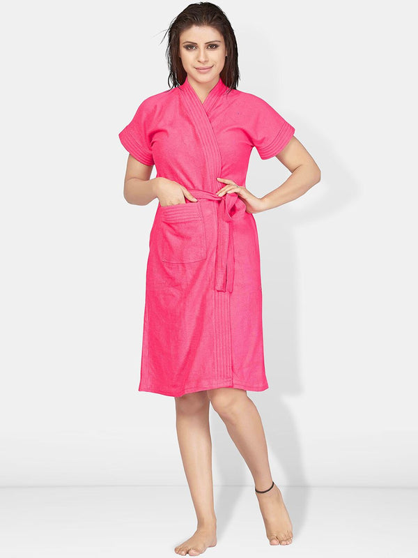 Be You Pink Solid Cotton Drawstring Knee Length Bath Robe-L/XL