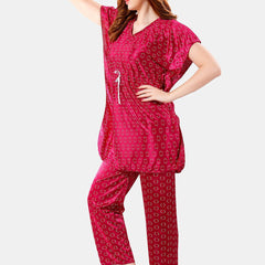 Be You Geometric Printed V-Neck Satin Kaftan Night Suit