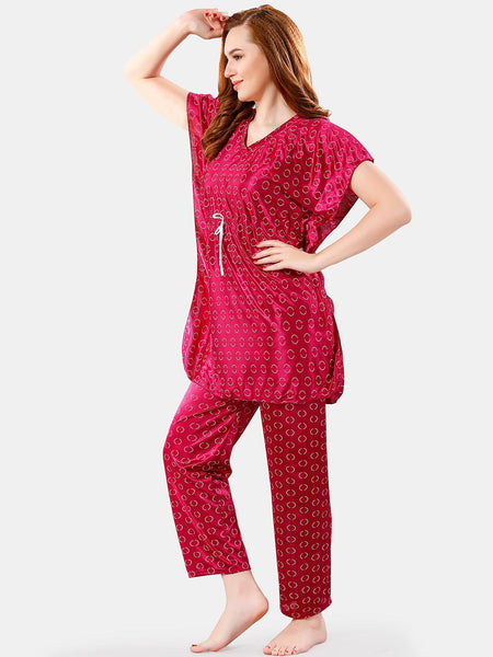 Be You Geometric Printed V-Neck Satin Kaftan Night Suit