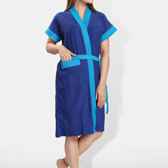 Be You Blue Solid Cotton Drawstring Knee Length Bath Robe