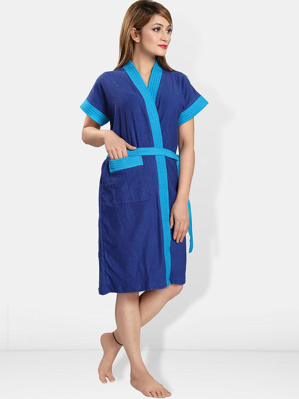 Be You Blue Solid Cotton Drawstring Knee Length Bath Robe