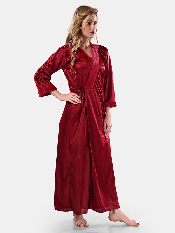 Be You Square Neck Lace Up Details Satin Nightdress With Robe