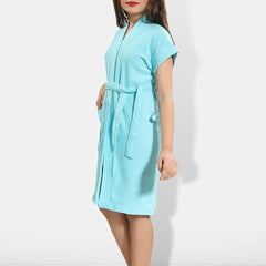 Be You Blue Solid Cotton Drawstring Knee Length Bath Robe