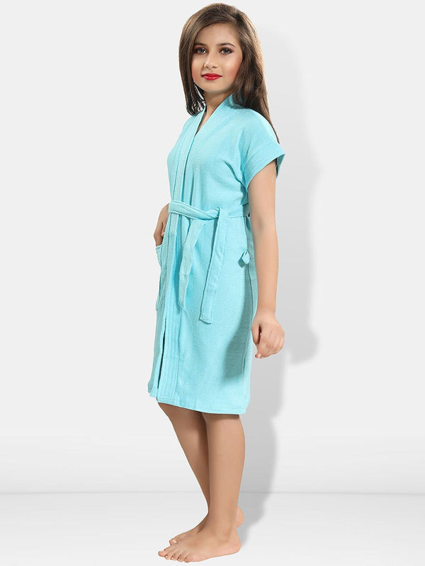 Be You Blue Solid Cotton Drawstring Knee Length Bath Robe