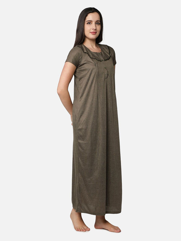 Be You Women Brown Striped Maxi Maternity Nightdress