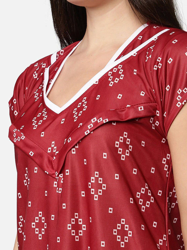 Be You Women Maroon Printed Maternity Maxi Nightdress