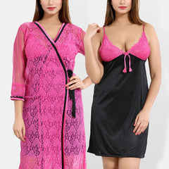 Be You Floral Lace Shoulder Straps Satin Nightdress With Robe
