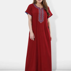 Be You Maroon Embroidered Maxi Nightdress